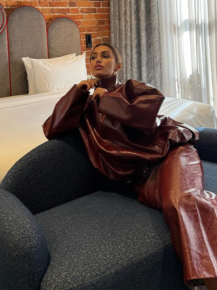 Vintage Biker Leather Jacket Skirts Suit Womens Zipper Long Sleeve Coats High Waist Skirt 2025 Autumn Lady Two Piece Outfit 251013