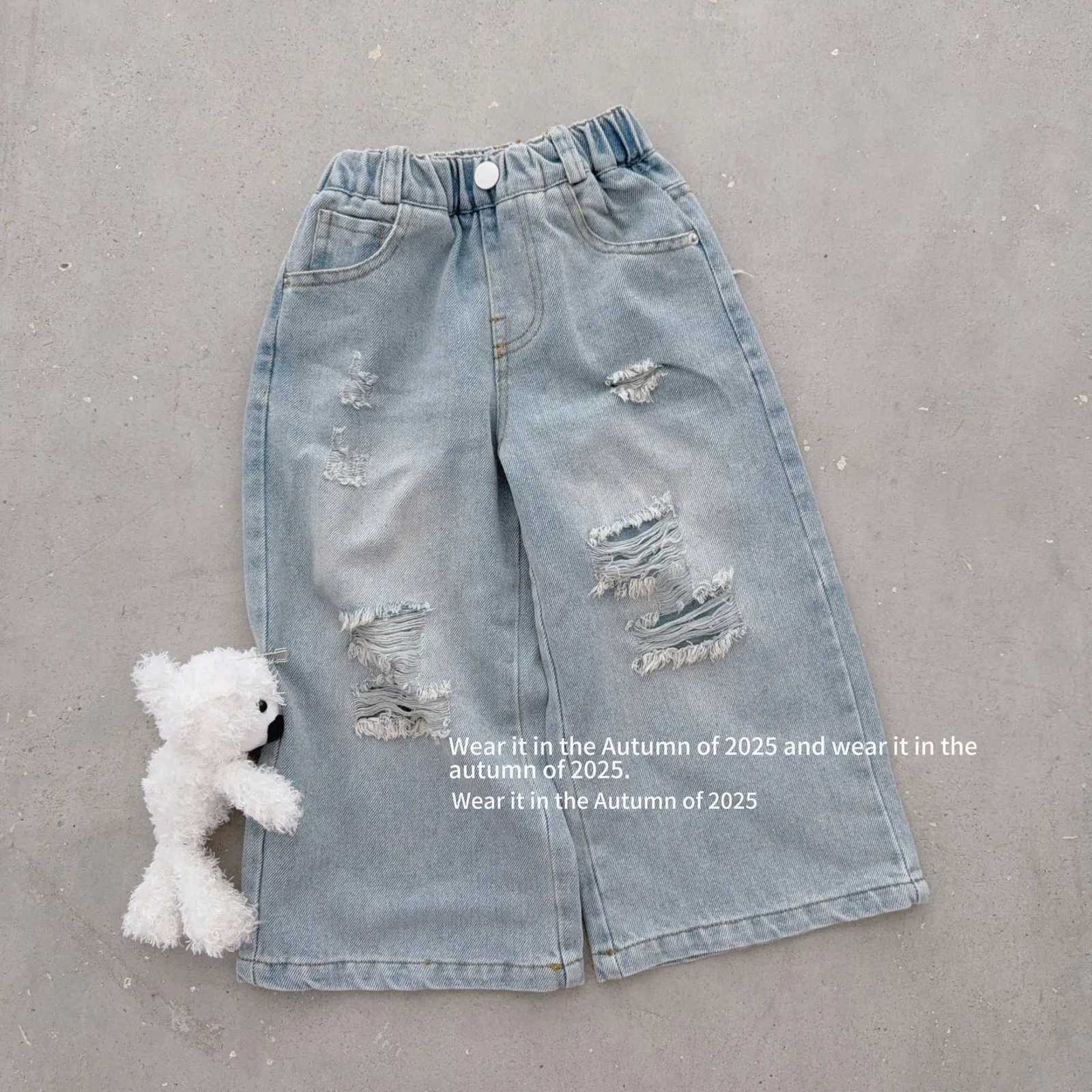 Girl Pants 2025 Autumn New Childrens Clothing Korean Style Girl Baby Fashion Ripped Jean Straight Pants Casual Simple DailyT251017