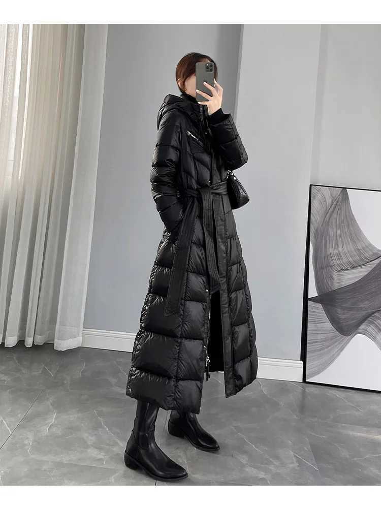 Ladies Winter Long Down Jacket High Grade Zipper Belt Black Navy Blue Down Coat Down Jacket Women Coats W251016