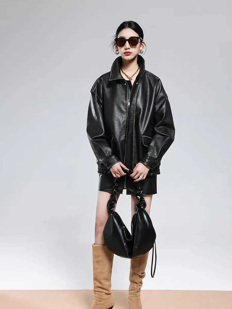 Nerazzurri Autumn Cool Oversized Vintage Distressed Brown Pu Leather Jacket Women Zipper Loose Retro American Retro Clothes 2025T251017