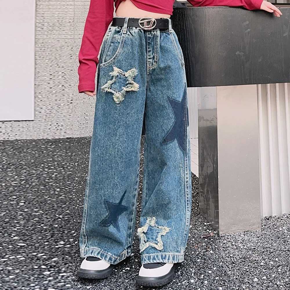 Girls Five Star Pattern Jeans Spring Fashion Teenage School Casual Straight Wide Leg Jeans for Kids 415 Years Children TrousersT251017