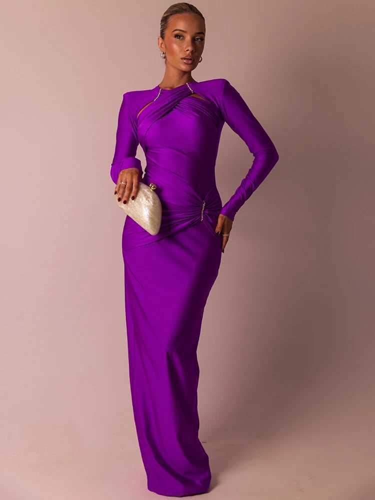 Mozision Hollow Out Long Sleeve Sexy Maxi Dress For Women Gown Fashion Solid Bodycon Ruched Club Evening Elegant Long Dress L251017