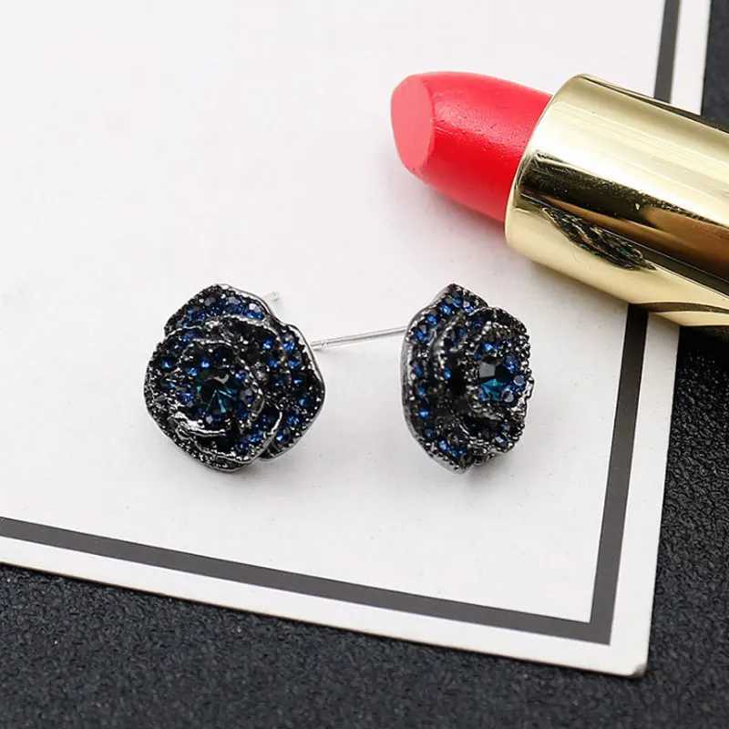 Luxurious Blue Rhinestone Rose Flower Vintage Earrings Women Red Camellia Ear Stud Earring Chic Jewelry WholesaleL251017