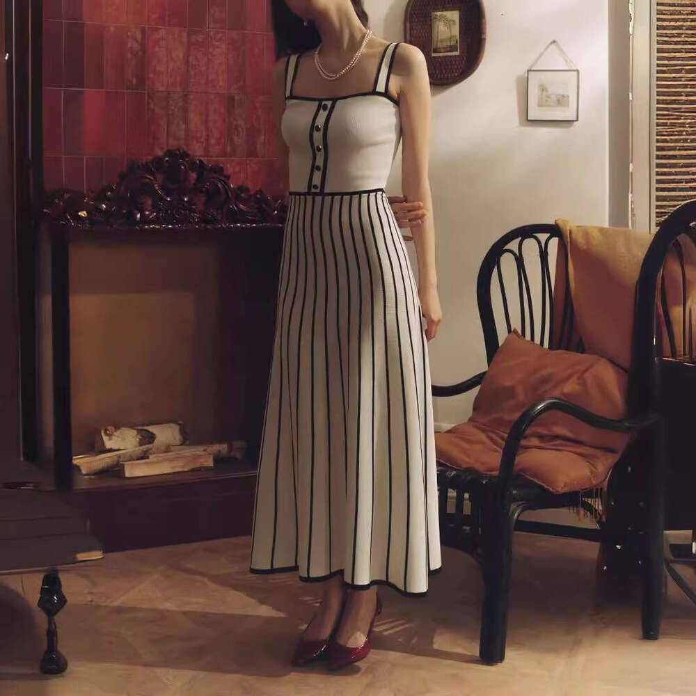 Strappy Striped Patchwork Knitted New Fashion Color-Block Backless French Mid-Length Dress B5