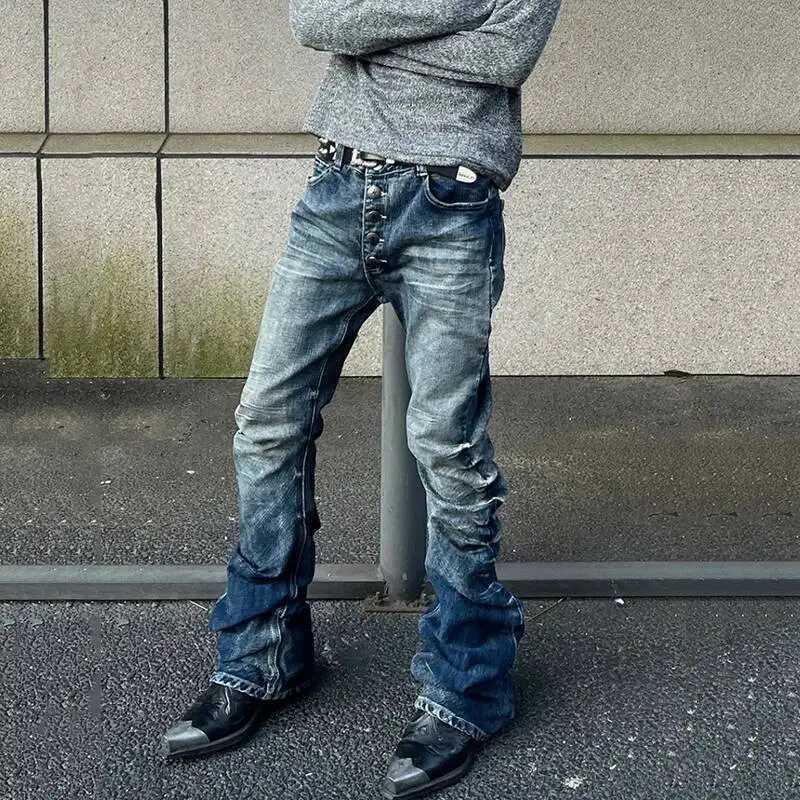 FEWQ 1 Style Mens Denim Pants Washing Button Design Pleated Loose Jeans Contrast Color Casual Male Bottom Vintage 4K51561 Y251105