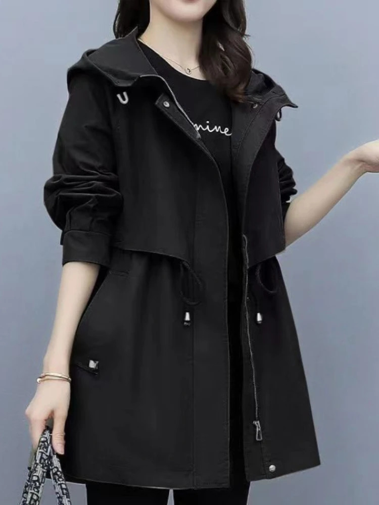 Spring and Autumn Womens Midlength Trench Coat Hooded Zipper Tiein Jackets British Style Loose Coats Womens Clothing 251013