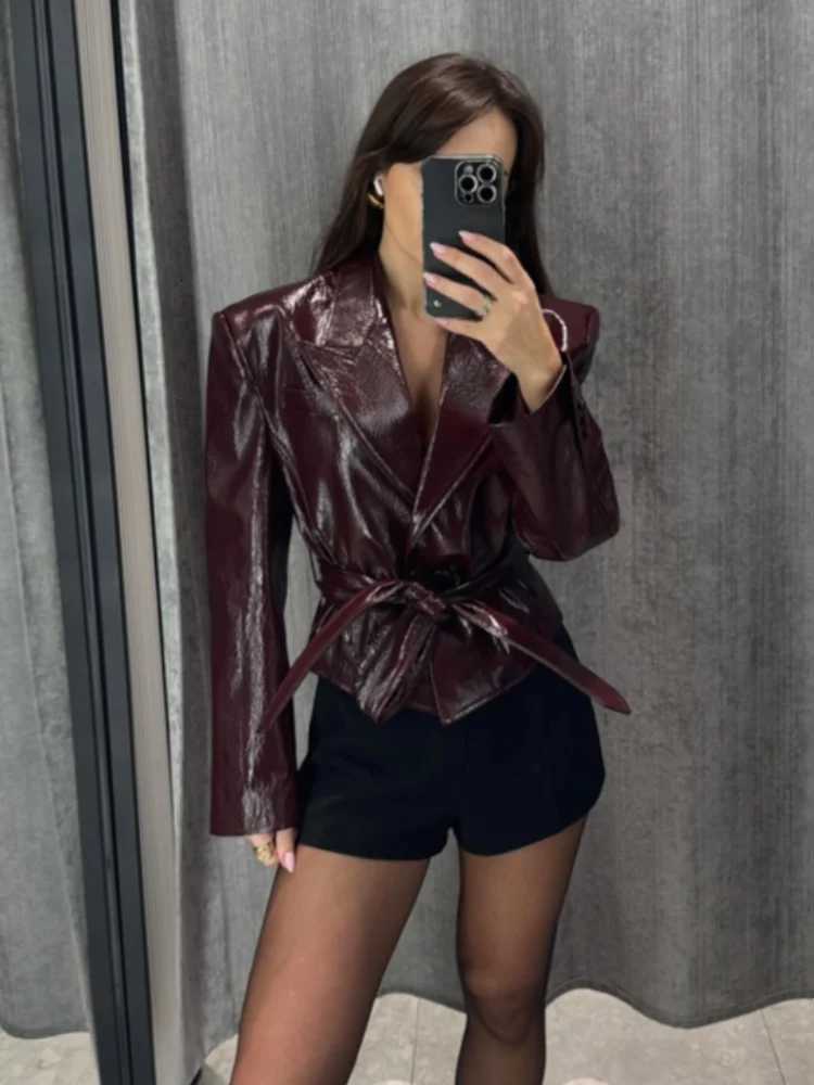 Womens Street PU Leather Jacket With Belt Slim Lace Up Lapel Long Sleeve Short Coat 2025 Autumn Vintage New Lady OuterwearT251017