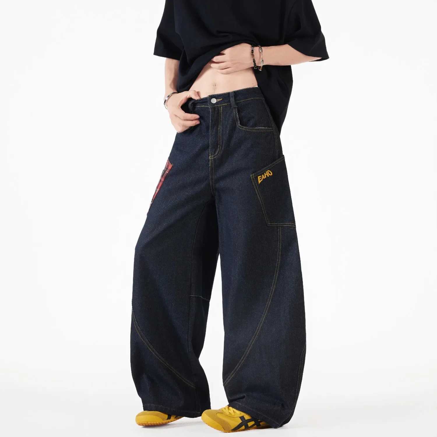 American Plaid Splicing Washed Cucumber Jeans Womens Summer New Wide Leg Loose Knife Edge FloorLength Pants J251016