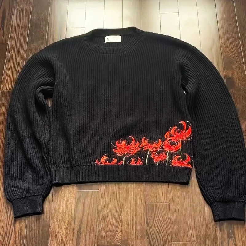 Y2K Harajuku Retro Sweater Gothic Red Spider Lily Embroidery Unisex Loose Round Neck Casual Clothing Stylish Hip Hop Pullover 251017
