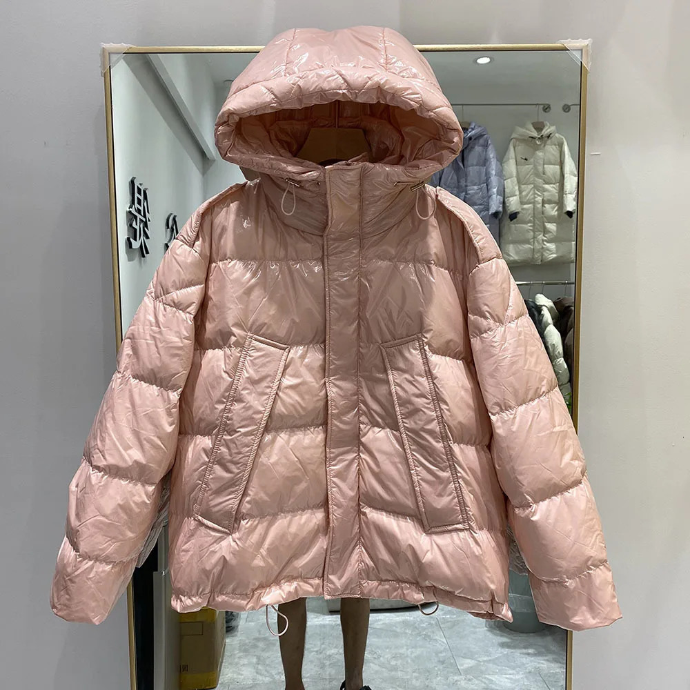 Glossy Short Puffer Jacket Korean Hooded Shiny Down Jackets Solid Colors Drawstring Long Sleeve Winter Parkas Female Coat 251014