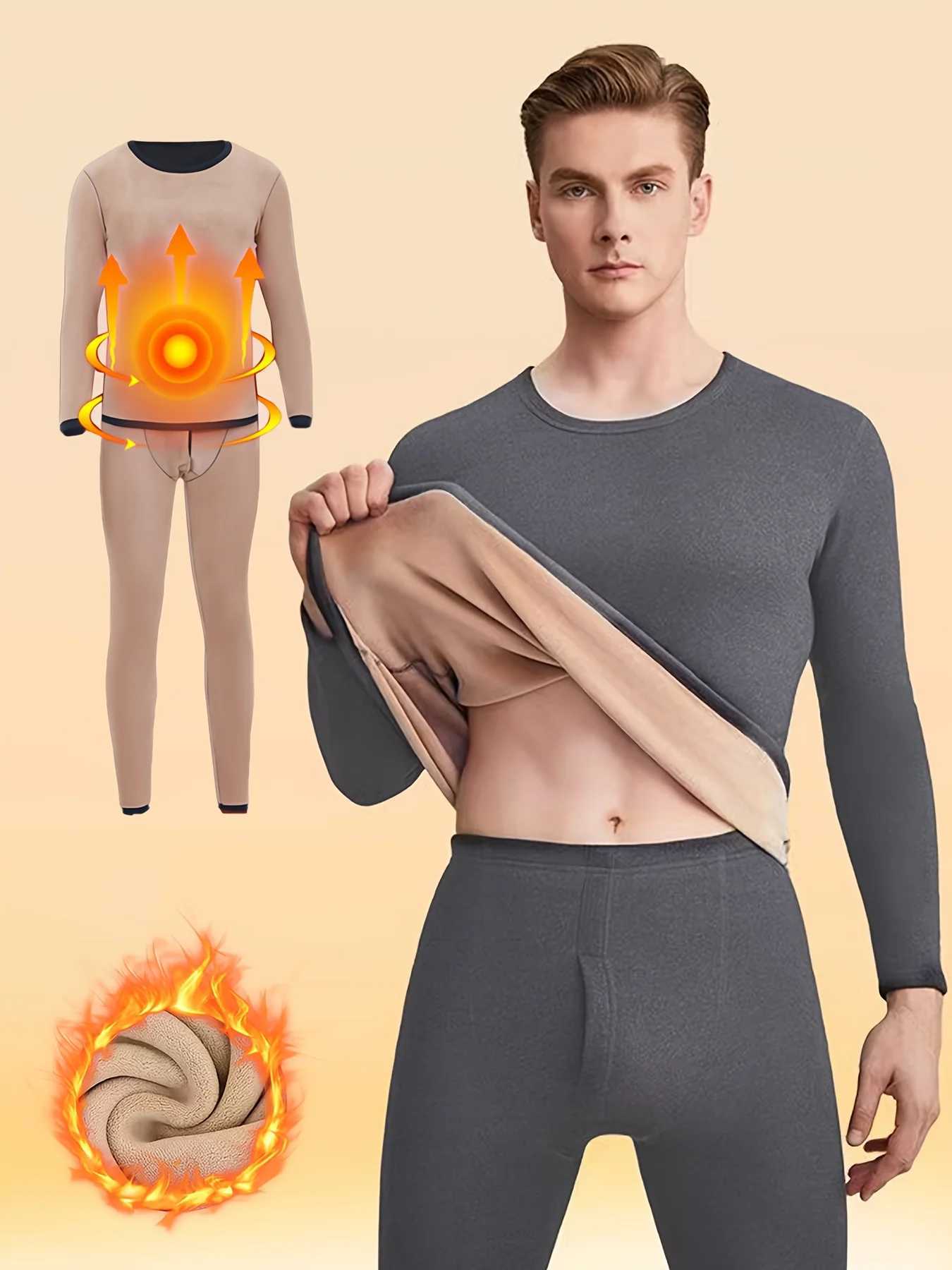 Mens Winter Fleece Lined Thick Warmth Protection Round Neck Solid Color Hoodie and Pants Set H251017