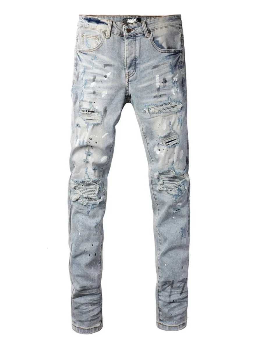 New Mens Slim Fit Jeans Trendy Brand Patchwork Elastic Paint Splatter Light Colored High Street Long Pants Casual Youth Sle Y251105