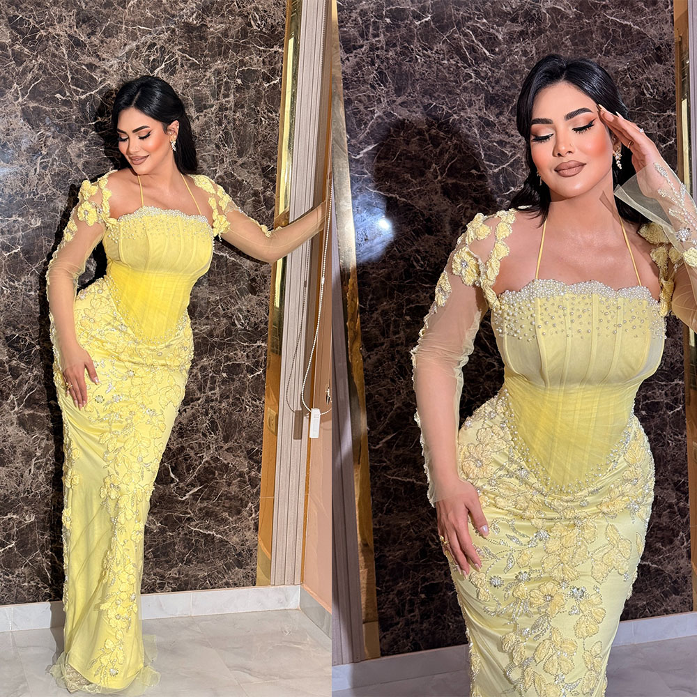 Mermaid Prom Dresses Heavy Handmade Flowers Lace Celebrity Evening Gowns Sheer Long Sleeve Customized Party Wear