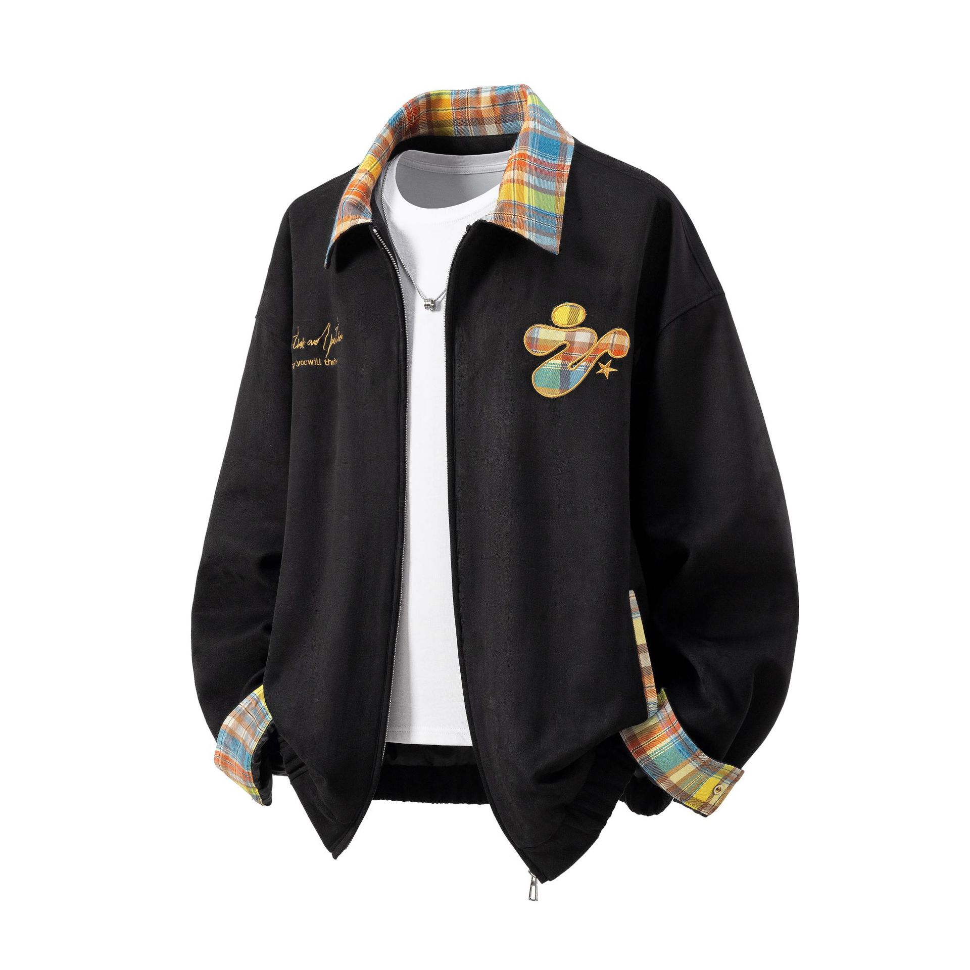 Men's Jackets Suede Embroidered Jacket Autumn Fashionable Trendy Luxurious Design Brand Contrasting Colour Plaid Lapel Coat