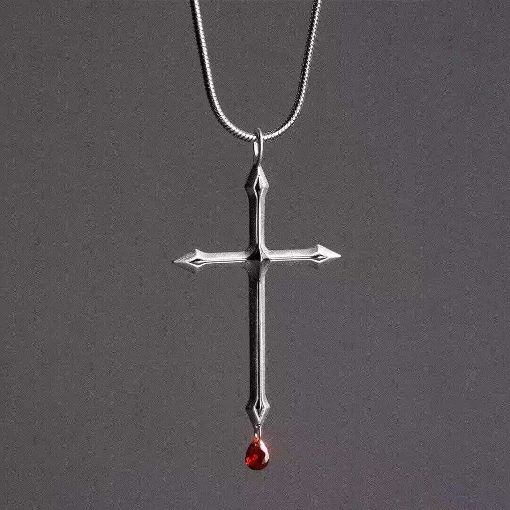 Gothic Cross Pendant Necklace with Red Crystal - Silver - Tone Religious Punk Jewelry Dia-Studded, Versatile, High-End Clavicle Chain Jewelry