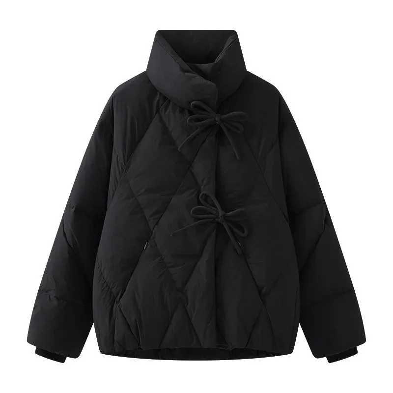 Chic Elegant Autumn Winter Women White Duck Down Coat Casual Lady Stand Collar Bow Outwear Female Solid Puffer Parka Jacket W251016