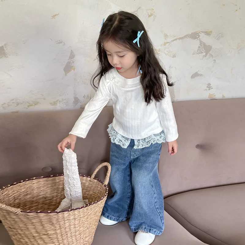 Baby Girls Pants Fashion Lace Loose Straight Jeans 2024 Autumn New Korean Style Childrens Wide Leg PantsT251017