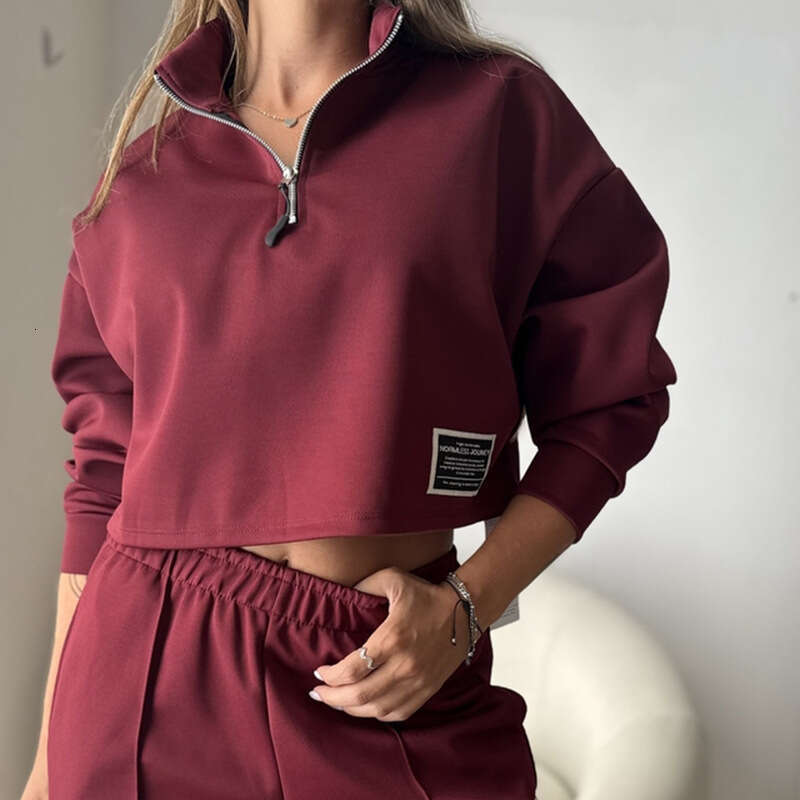 Women's Autumn And Winter New Fashion Half-Zip Solid Color Short Sweatshirt Set For Women B5