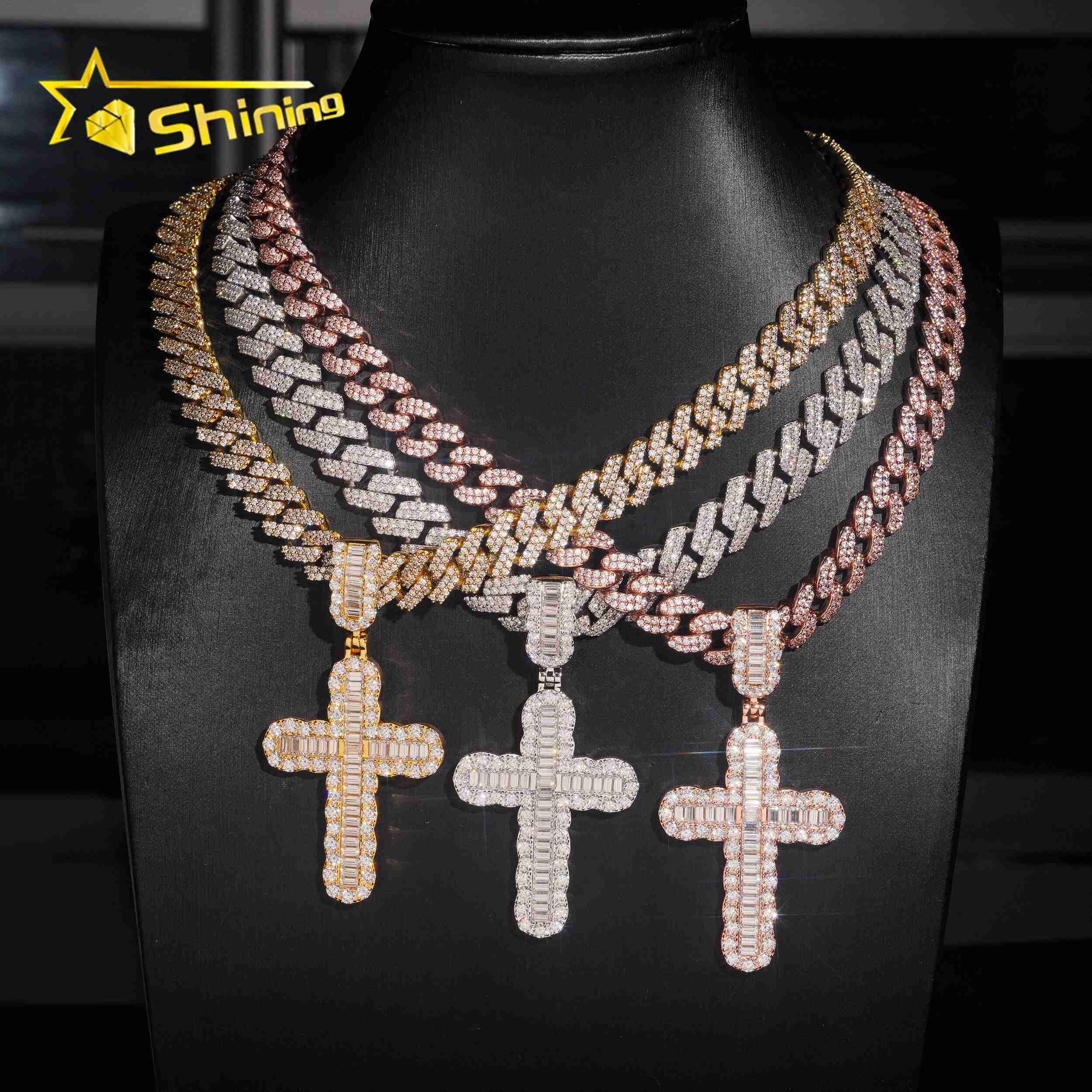 New Arrivals Hip Hop Style Rapper Jewelry 925 Silver Baguette Charms Moissanite Cross Pendant