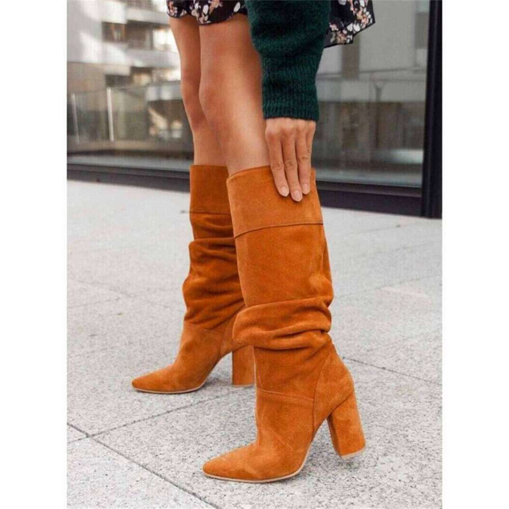 2023 Winter Designer Suede Casual High Heels Shoes For Women Retro Elegant Lady Mid Calf Boots Plus Size