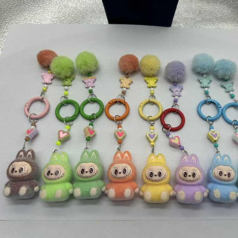 New Arrival Sitting Labubu Keychain Mini Flocking Labubu Key Chain Kawaii Cell Phone Charm Ornaments Cute Rabbit Keyring Gift U250604