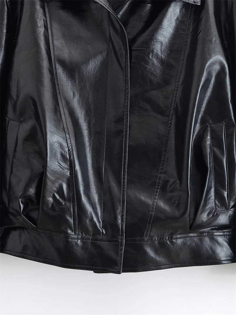 Womens Coat 2025 Autumn New Style Black Longsleeve Synthetic Faux Leather Shiny Motorcycle Jacket Casual Fashion PersonalityT251017