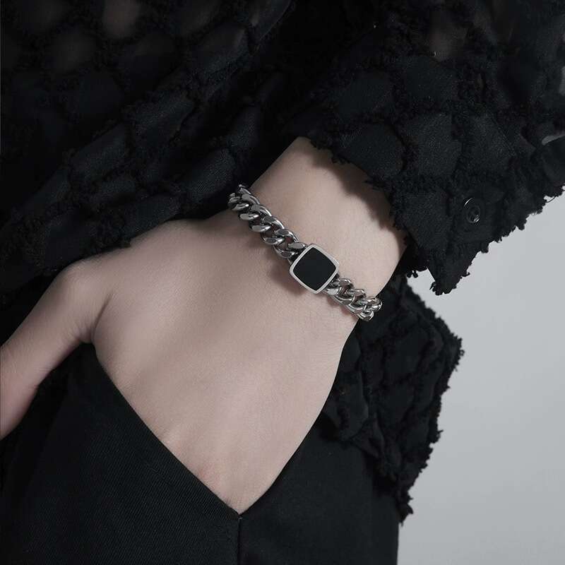 Hip-Hop Trendy Black Square Cuban Bracelet for Men, Niche High-End Feel, Versatile Non-Fading Jewelry, Couple Accessories Trend