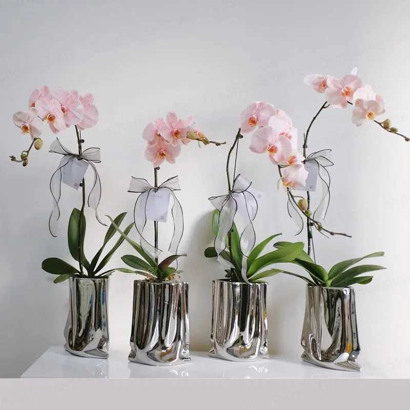 Silver Paper Bag Vase Light Luxury Electroplated Ceramic Vase Creative Paper Bag Decoration Vase Ornament C251017