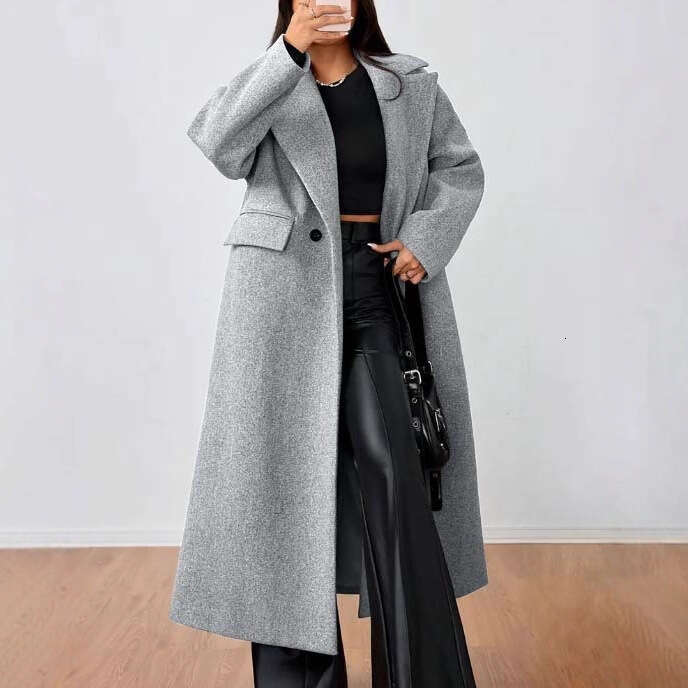 Women's Autumn Winter New Woolen Fashion Elegant Sleeve Turn-Down Collar Long Ladies Loose Coat B5