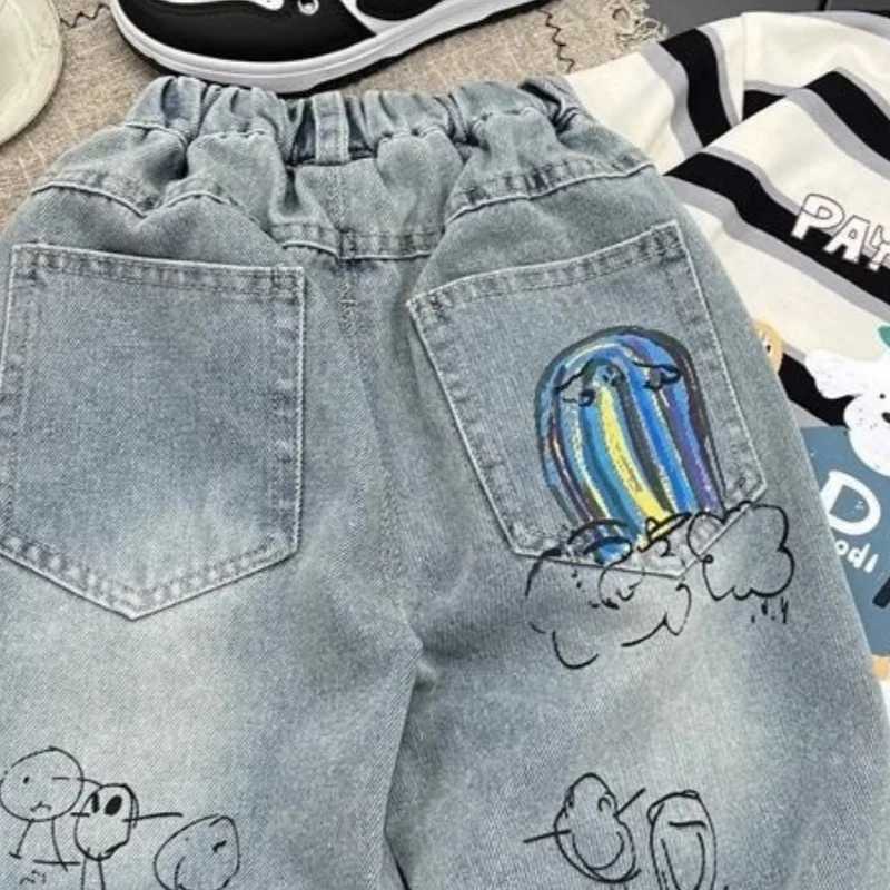 Childrens Jeans Trousers Spring and Autumn Pants Boys Stretch Pant 2025 New Boys Baby Loose Print Feet PantsT251017