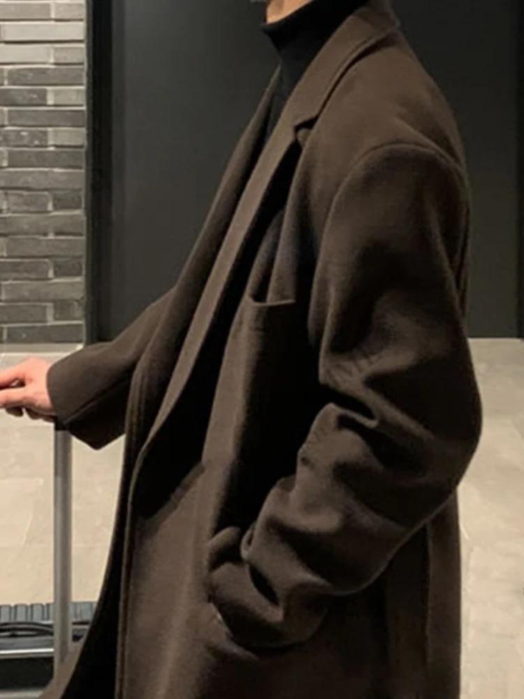 Mauroicardi Autumn Winter Long Casual Brown Black Soft Thick Warm Woolen Coat Men Sashes Plus Size Overcoat 5XL 251015