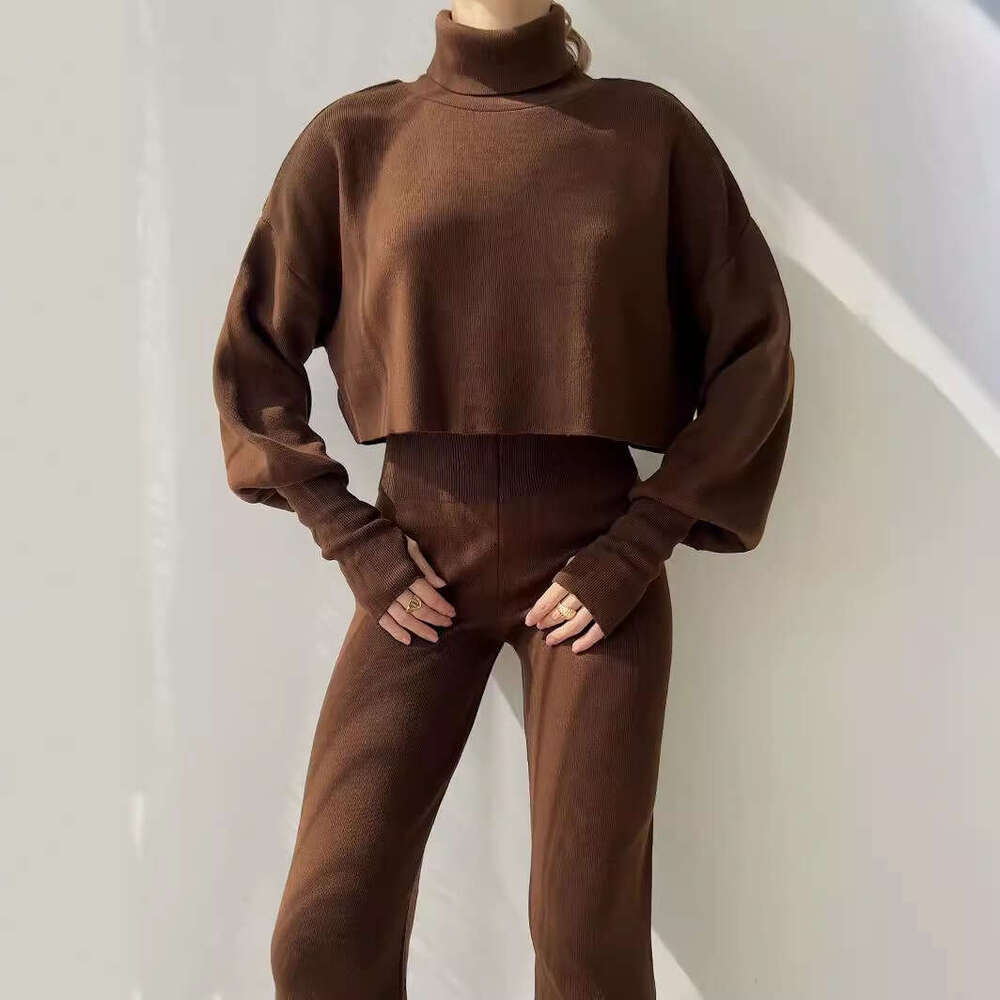 Women's Autumn Winter New Casual American Style Sweatshirt High Neck Loose Sleeve Long Pants Two-Piece Set B5