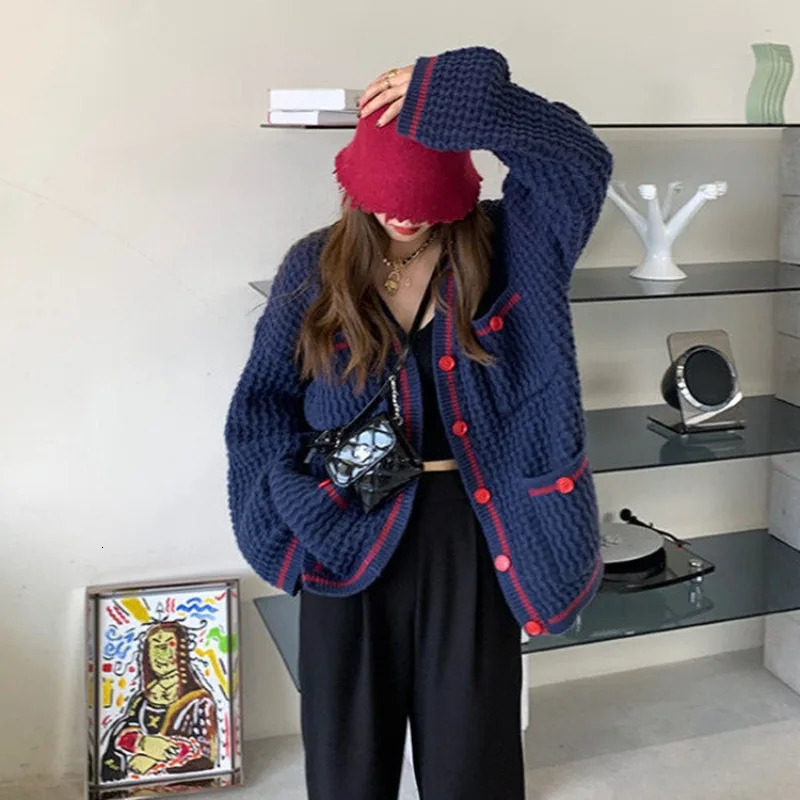 Fashion Vneck Loose Fit Color Blocked Long Sleeve Womens Knitted Coat Spring Autumn Versatile Lazy Style Casual Lady Cardigan 251013