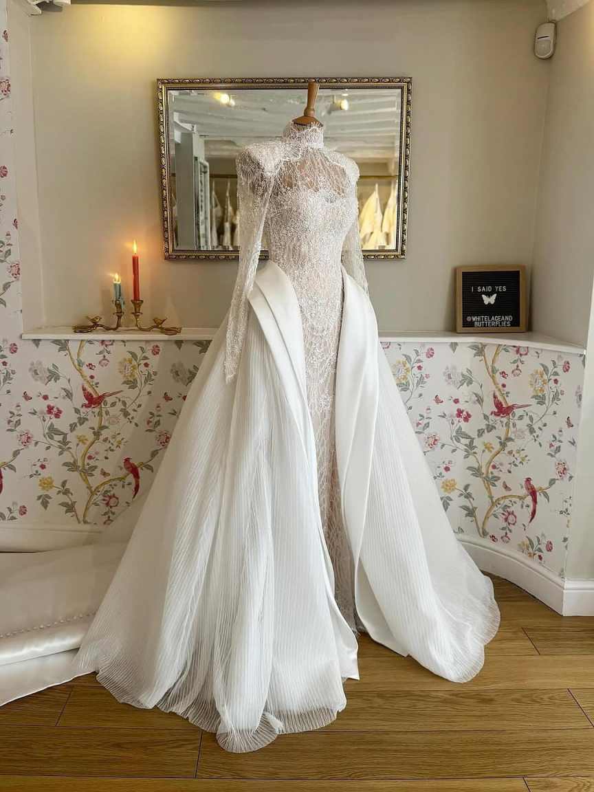 New Wedding Dress Mermaid Shine 3D-Lace High-Neck Appliques Bridal Gowns Detachable Train Robe De Vestido Plus Size Customized