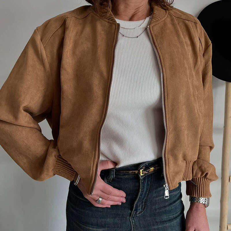 New Autumn Winter Fashion Versatile Suede Solid Color Zipper Jacket Women's Commuter Coat B5
