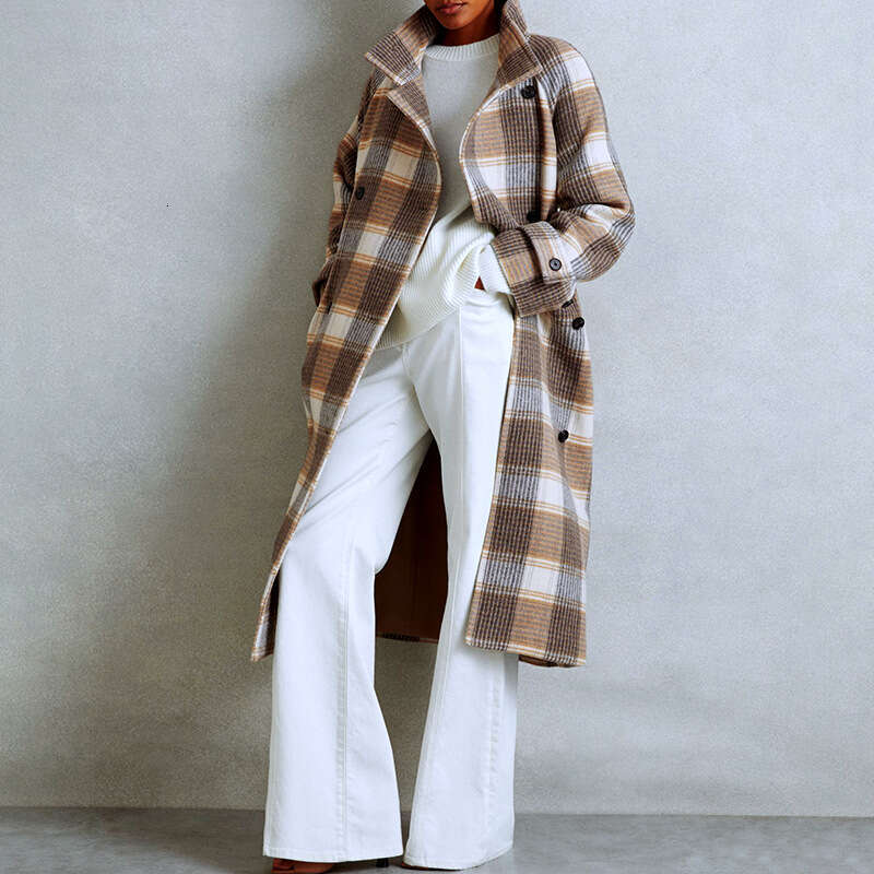 Color-Block Plaid Coat Autumn Winter New Women's Waist-Tied Overcoat B5