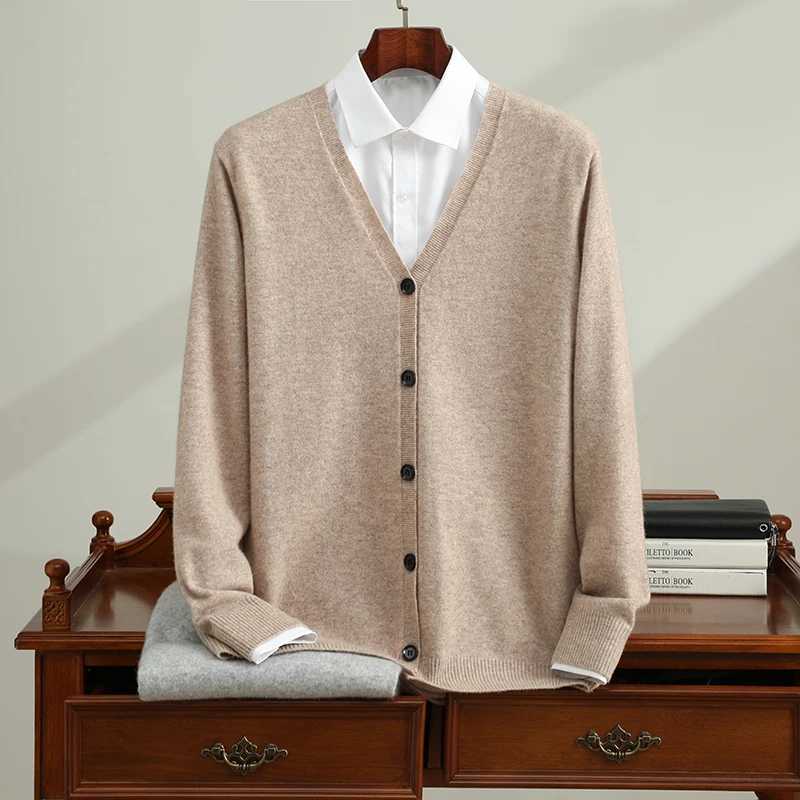 Mens 100 Cashmere Cardigan SpringAutumn Casual Solid Knitted Vneck Sweater Loose Thick Warm SingleBreasted Jumper Coat J251017
