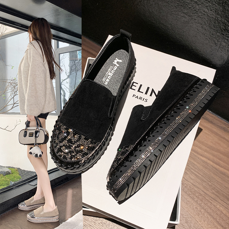 Luxury Diamond Designer Women's Casual Shoes Fashion Versatile Loafers Casual Thin Bottom Rhinestone Round Toe Flats Anti slip walking shoes Zapa