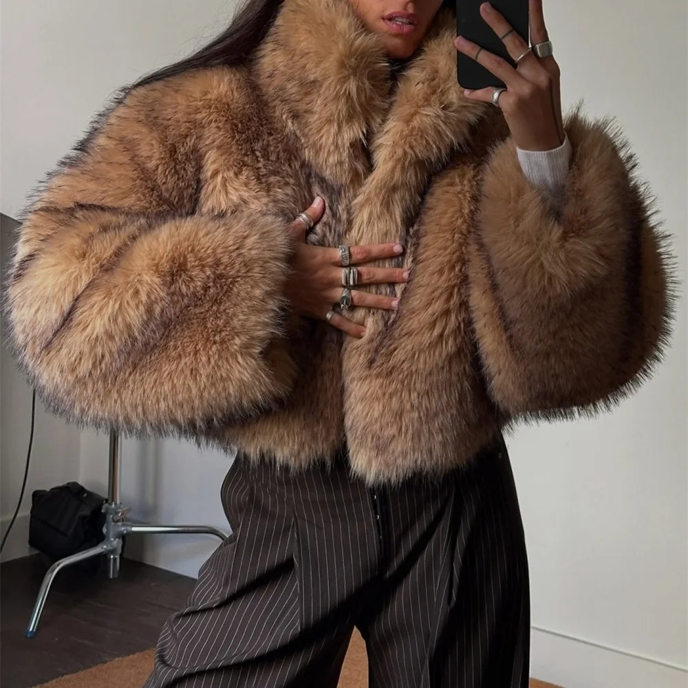 2025 Autumn Womens Fur Jacket Warm Loose Turtleneck Tops Outerwear Y2k Clothing Fashion HighQuality Party Coat bra 251017