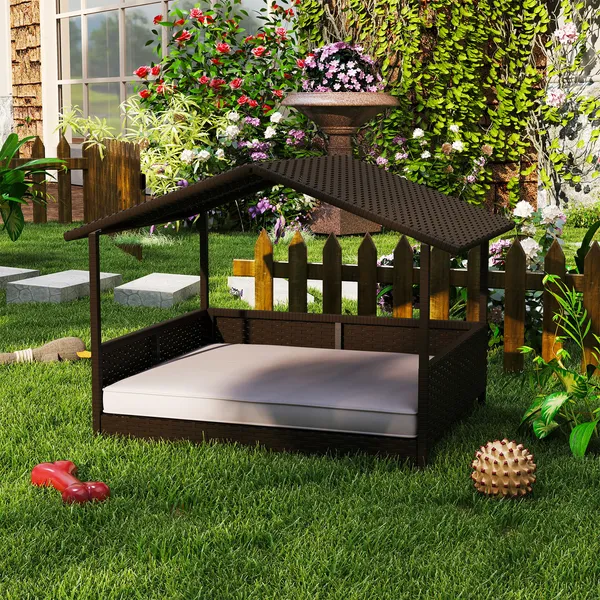 PawHut Wicker Dog Bed Outdoor Elevated with Rattan Canopy Cushioned PE Rattan Dog Cat House Sleeping Pad Cream