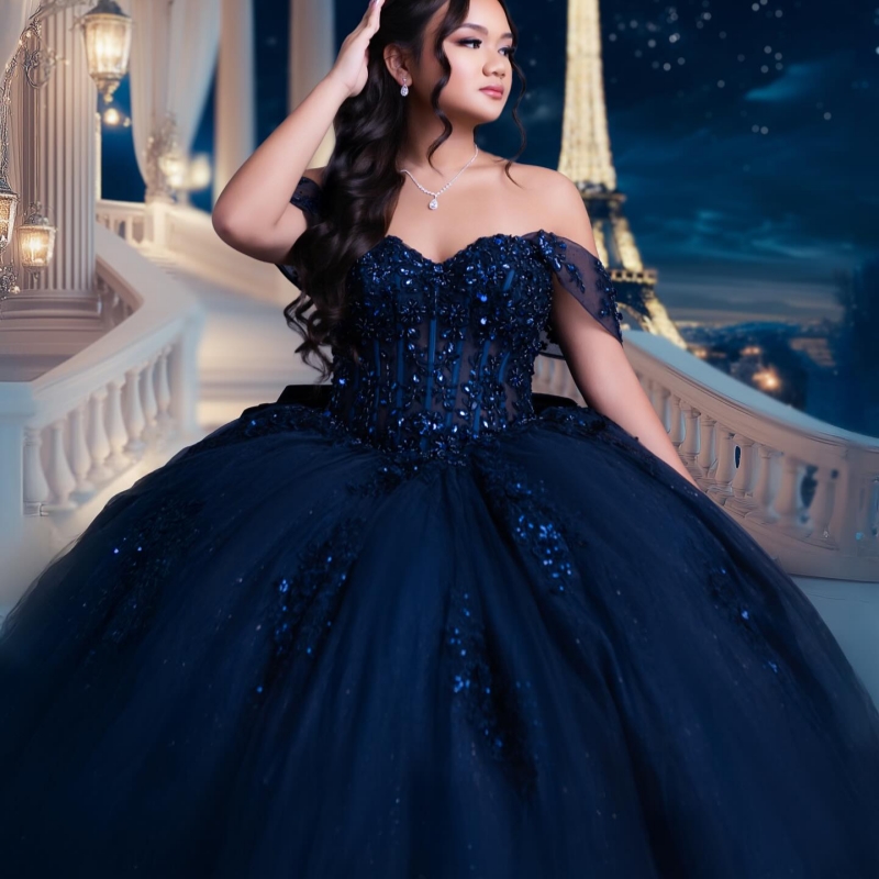 Navy Blue Shiny Quinceanera Dresses Off The Shoulder Sequin Applique Lace Beads Bow Tull Corset Party Birthday Sweet 16 Dres Vestidos 15 De Anos