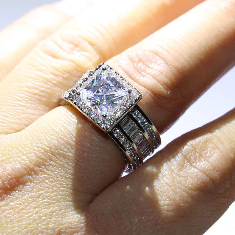 Wholesale Professional Jewelry Sterling Sier Princess Cut White Topaz CZ Dia Pave Promise Women Wedding Engagement Ring