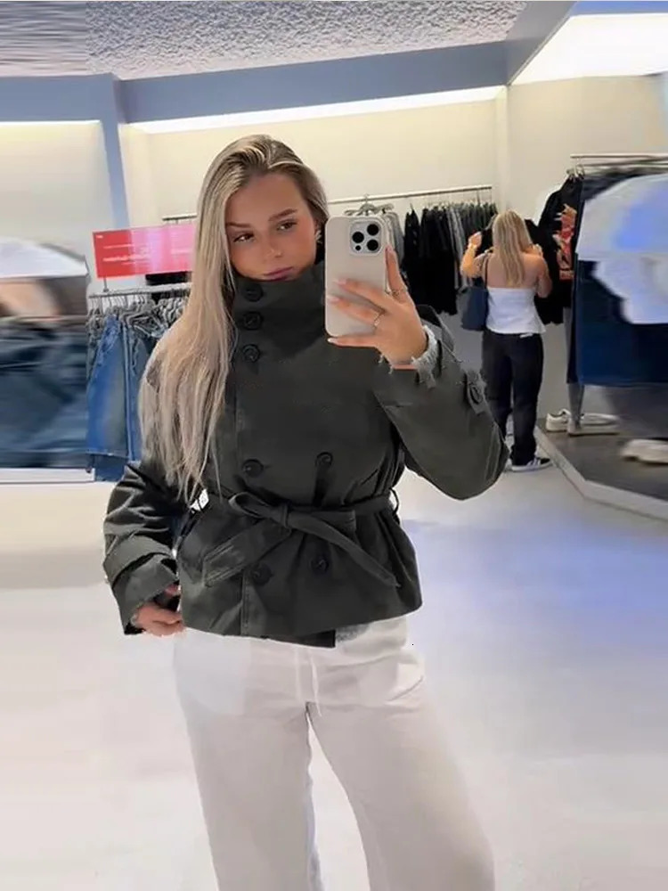 Belted Waist Cropped Trench Double Breasted Stand Collar 2025 Autumn Chic Elegant Women Coat Casual Vintage Office Lady Jacket 251017