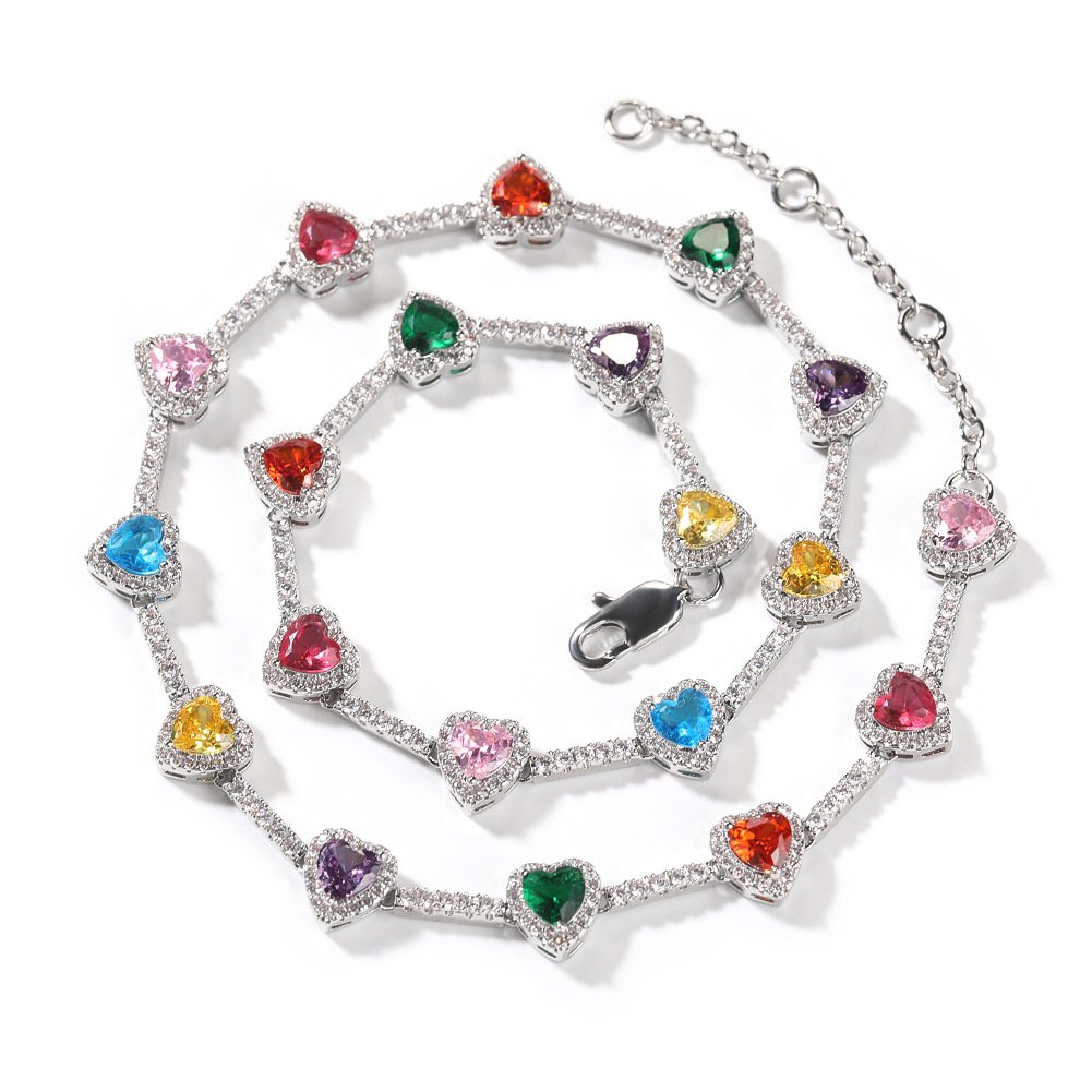 Colored 5A Zircon Love Heart Tennis Chain Necklace Bracelets 18K Gold Plated Jewelry