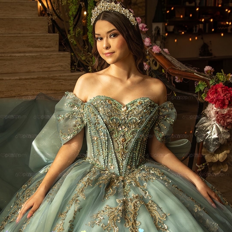 Mint Green Shiny Quinceanera Dresses Off The Shoulder Gold Applique Lace Beads Bow Tull Corset Party Birthday Sweet 16 Dres Vestidos 15 De Anos