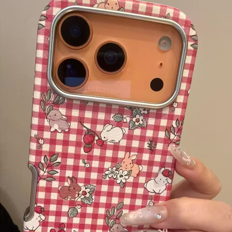 Fresh Red White Checkered Flower Strawberry Rabbit Case for iPhone 17 Pro, Apple 16, and 15 New Model