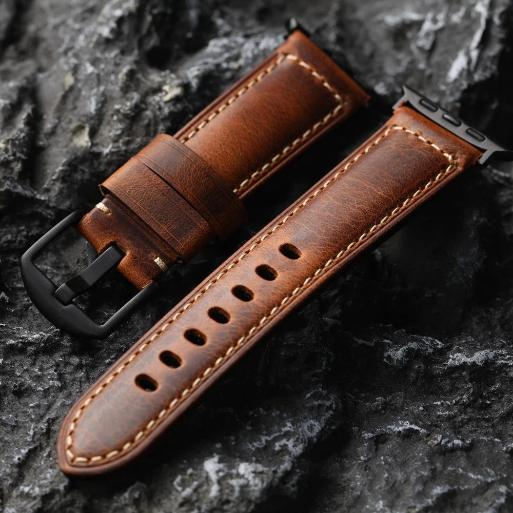Handmade Holvin Cowhide Leather Strap for iWatch Genuine Leather Ultra2 49MM 44MM 42MM Brown Vintage Aged Watch Strap for 251016