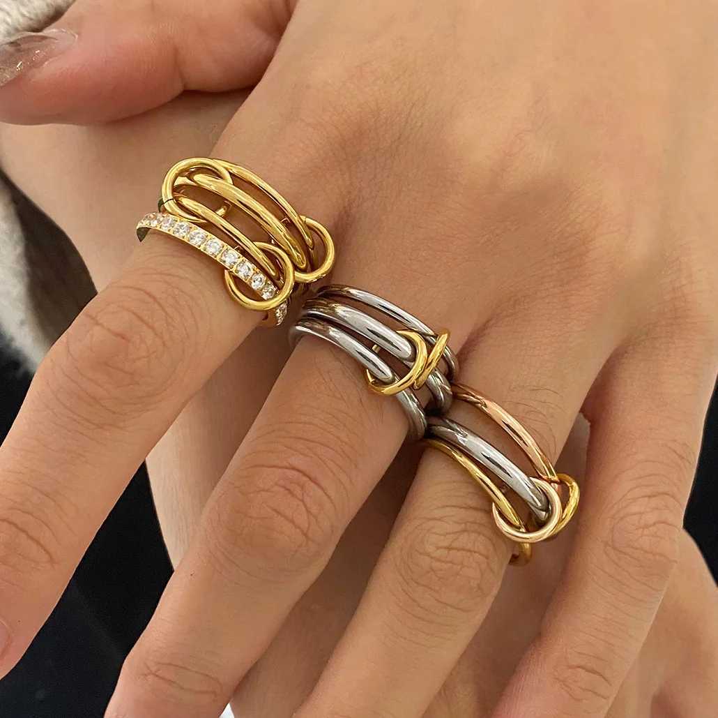 Stainless Steel Multilayer Double Color Link Chain Rings 18K Gold PlatedCZ Zircon Stackable Charm Jewelry Trendy Waterproof Gift Z251017