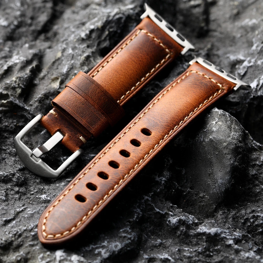 Handmade Holvin Cowhide Leather Strap for iWatch Genuine Leather Ultra2 49MM 44MM 42MM Brown Vintage Aged Watch Strap for 251016