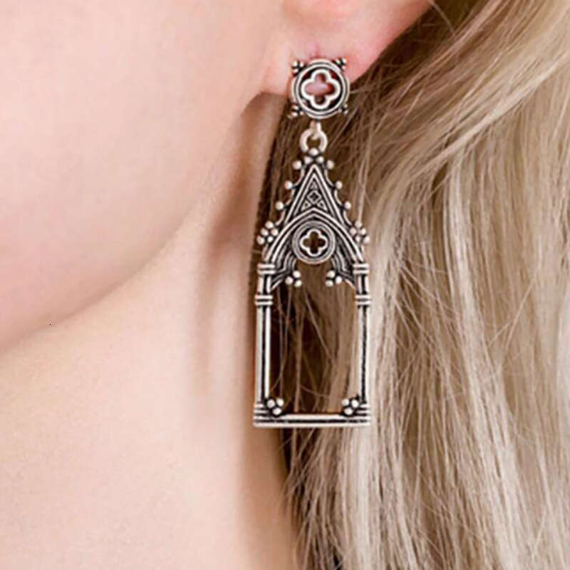 Vintage Gothic Cathedral - Shaped Dangle Earrings - Silver - Tone Architectural Ear Jewelry Wind Hollow Castle Personality Creative Exaggerated Cross 
